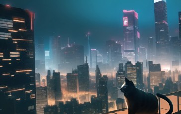 Feline, Cyberpunk, City, Cityscape, Neon Wallpaper