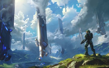 Halo 4, Master Chief (Halo), Clouds, Pillar Wallpaper