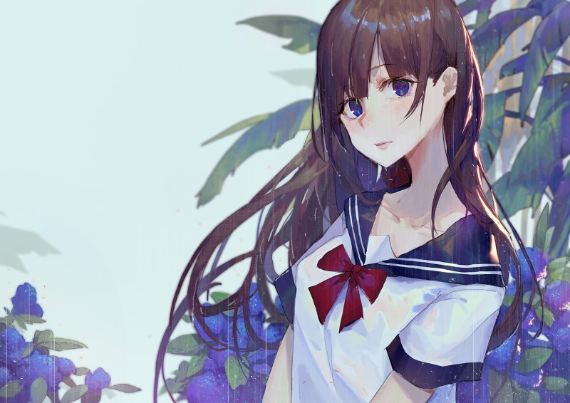 Anime Girl, Sailor, Brown Hair, Raining, Flowers Wallpaper