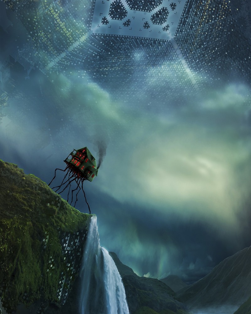 Pixel Art, Creepy House, Walking, Landscape, Waterfall, Fantasy Art Wallpaper