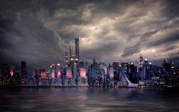 City, Night, Clouds, Water Wallpaper
