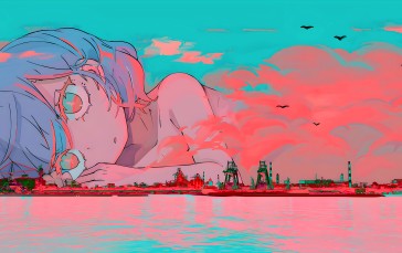 Teracoot, Illustration, Anime Girls, Water, Lying on Side Wallpaper