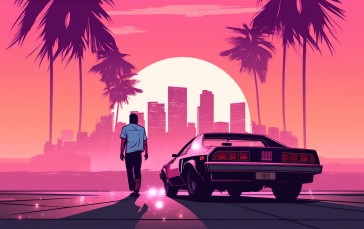AI Art, Grand Theft Auto: Vice City, Skyline, Palm Trees Wallpaper