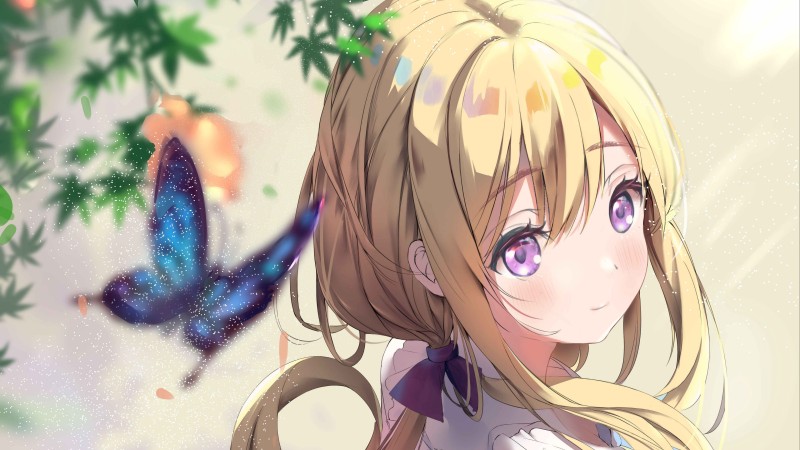 Anime, Anime Girls, Butterfly, Blonde, Purple Eyes Wallpaper