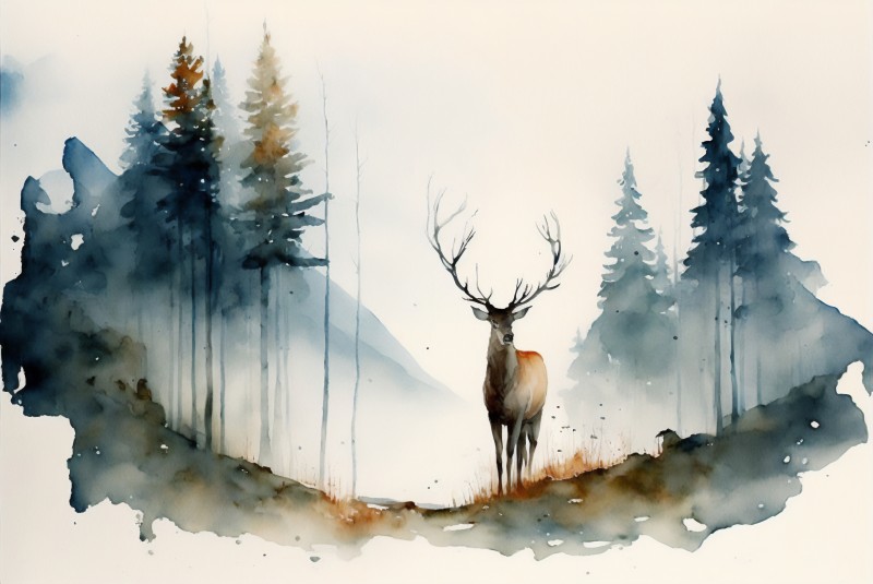 AI Art, Painting, Deer, Watercolor, Trees, Animals Wallpaper