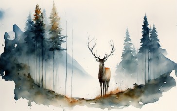 AI Art, Painting, Deer, Watercolor, Trees, Animals Wallpaper
