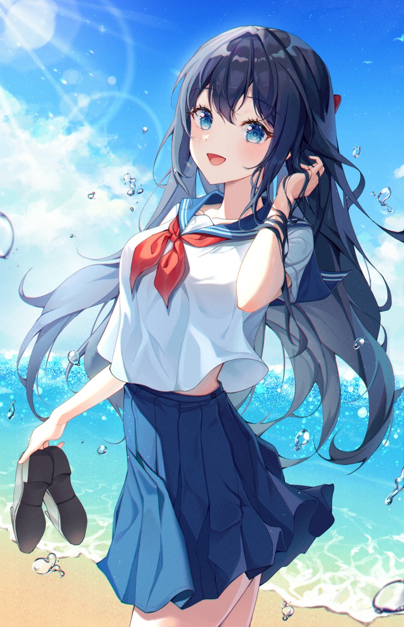 Anime Girls, Beach, School Uniform, Schoolgirl, Portrait Display, Blue Eyes Wallpaper