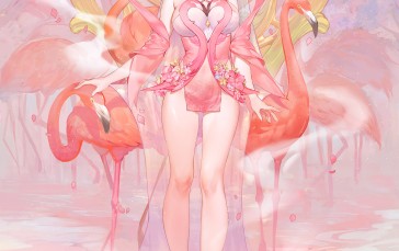 Atdan, Anime Girls, Pink Hair, Portrait Display, Short Hair, Flamingos Wallpaper