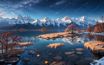 AI Art, Snowy Peak, Water, Snow Covered, Mountains, Maple Leaves Wallpaper