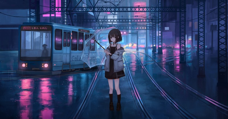 Anime Girls, Train Station, Rain, Umbrella, Train, Looking at Viewer Wallpaper