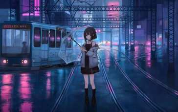 Anime Girls, Train Station, Rain, Umbrella, Train, Looking at Viewer Wallpaper