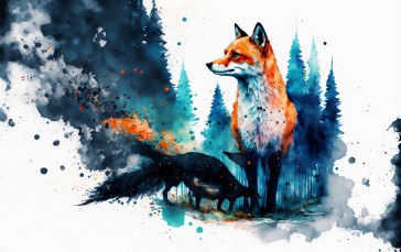 AI Art, Watercolor, Fox, Trees, Animals Wallpaper