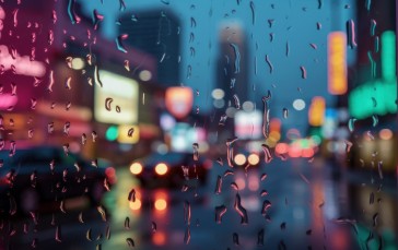 AI Art, City, Rain, Window, City Lights Wallpaper