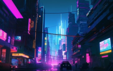 AI Art, City, Street, Cyberpunk, Illustration, Neon Wallpaper