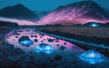 AI Art, Bioluminescence, Purple, Blue, Water Wallpaper