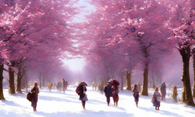 Cherry Blossom, Landscape, Snow, AI Art Wallpaper