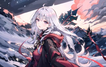 AI Art, Looking at Viewer, Silver Hair, Anime Girls, Snow, Clouds Wallpaper