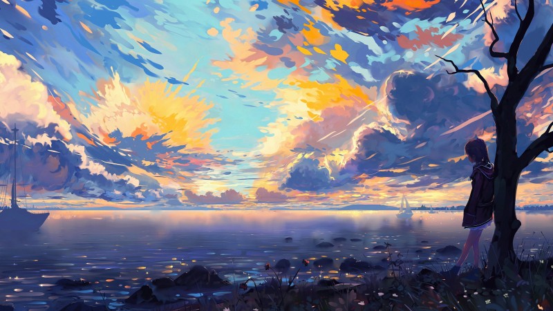 Anime, Anime Girls, Sky, Water Wallpaper