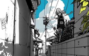 Anime Girls, Artwork, Digital Art, Blue, Sky, Running Wallpaper