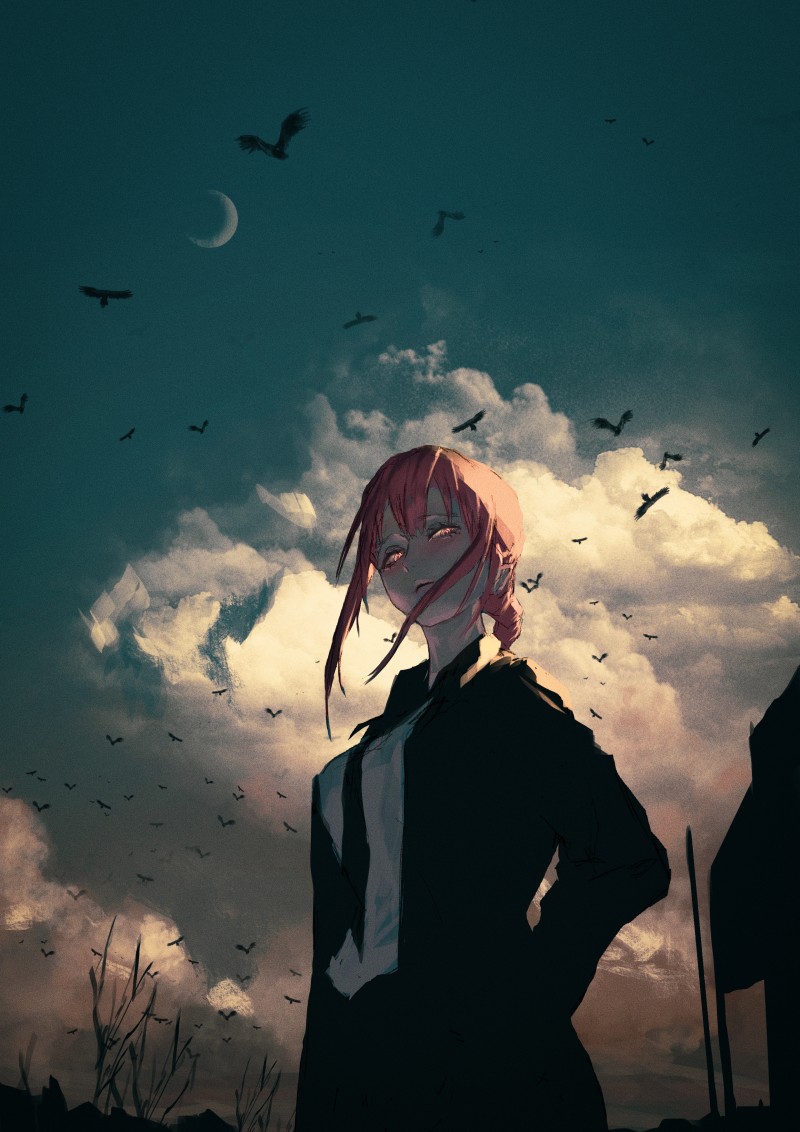Makima (Chainsaw Man), Clouds, Moon, Suit and Tie, Neg Wallpaper