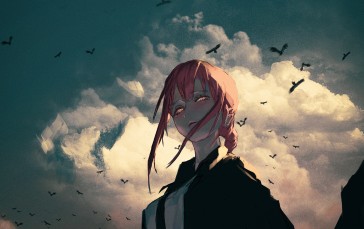 Makima (Chainsaw Man), Clouds, Moon, Suit and Tie, Neg Wallpaper
