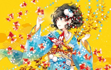 Anime Girls, Kimono, Fish, Colorful, Dark Hair Wallpaper