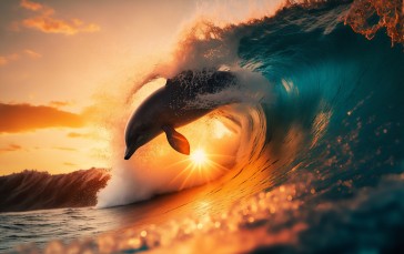 AI Art, Dolphin, Waves, Sunset Wallpaper