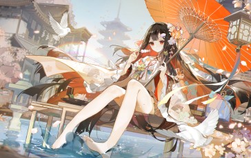 Anime, Anime Girls, Umbrella, Water, Petals Wallpaper