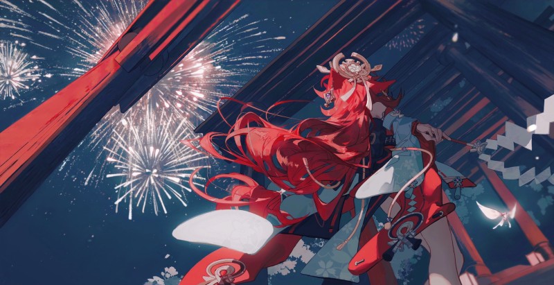 Anime, Anime Girls, Genshin Impact, Yae Miko (Genshin Impact), Fireworks, Worm’s Eye View Wallpaper