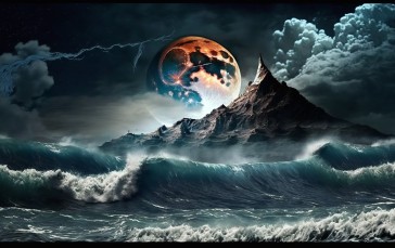 AI Art, Illustration, Moon, Waves, Sea Wallpaper