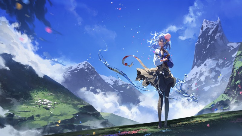 Anime, Anime Girls, Haiyi, Clouds, Mountains, Blue Hair Wallpaper