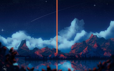 Skybeam, Mountains, Marci Lustra, Clouds, Night Wallpaper