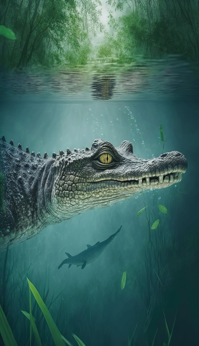 AI Art, Portrait Display, Crocodiles, Underwater, Water, Animals Wallpaper