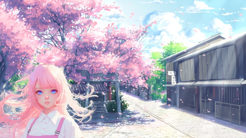 Anime Girls, Cherry Blossom, Petals, Pink Hair, Blue Eyes, White Shirt Wallpaper