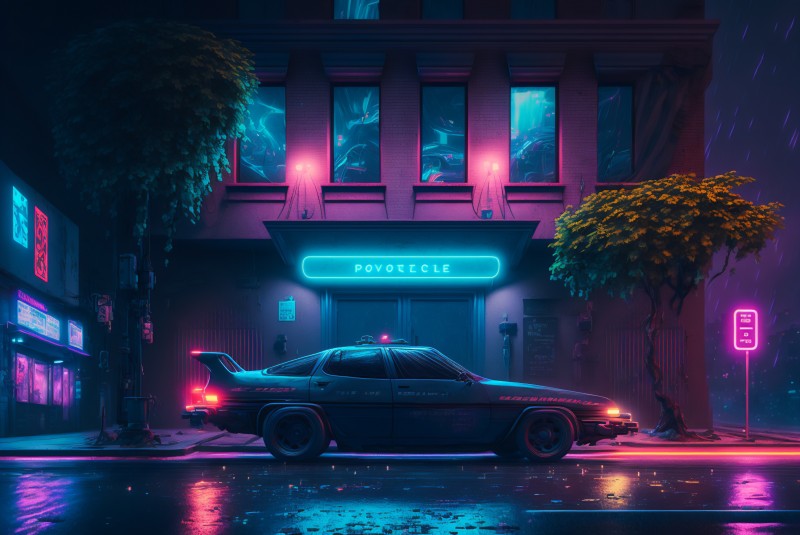 City, Cyberpunk, Synthwave, Car, Trees, Taillights Wallpaper