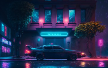 City, Cyberpunk, Synthwave, Car, Trees, Taillights Wallpaper