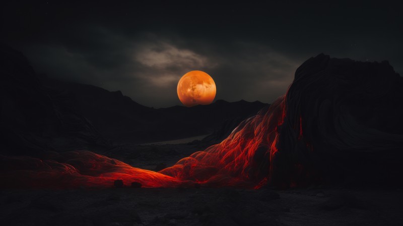AI Art, Landscape, Digital Art, Red Moon, Moon Wallpaper