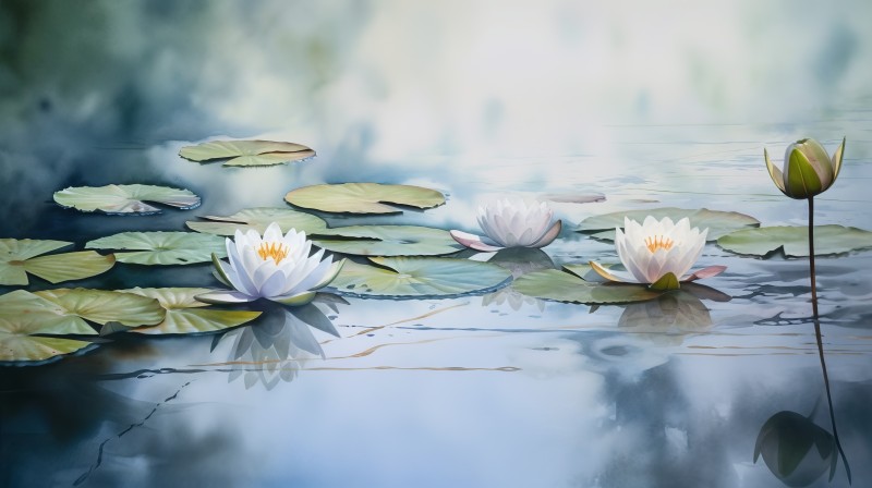AI Art, Water Lilies, Watercolor, Water, Reflection Wallpaper