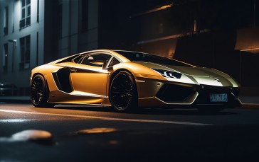 AI Art, Car, Lamborghini, Street, City, Yellow Wallpaper