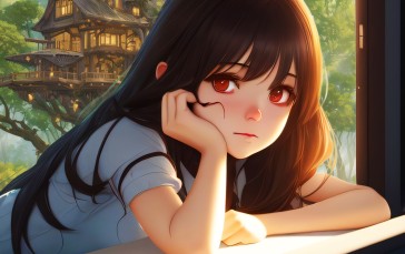 Anime Girls, Dark Hair, Orange Eyes, Long Hair, Looking at Viewer, Trees Wallpaper
