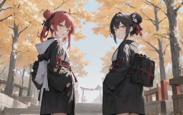 Anime Girls, Tree Bark, Shrine, Kimono Wallpaper