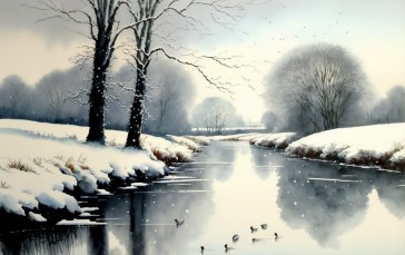 AI Art, Snow, Trees, Water, Painting Wallpaper