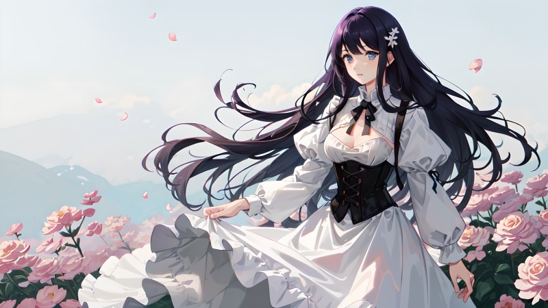 AI Art, Anime Girls, Purple Hair, Hair Ornament, White Dress Wallpaper
