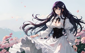AI Art, Anime Girls, Purple Hair, Hair Ornament, White Dress Wallpaper