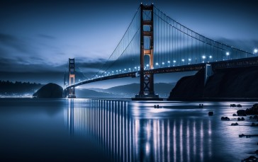 AI Art, Blue Hour, Golden Gate Bridge, Water, Reflection Wallpaper