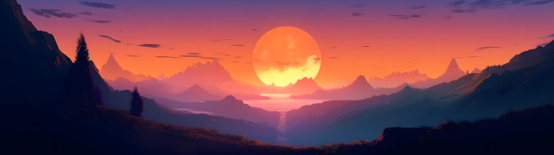 AI Art, Sunset, Landscape, Sunset Glow Wallpaper