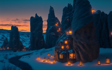 AI Art, Snow, Town, Winter, Lantern, Sunset Wallpaper
