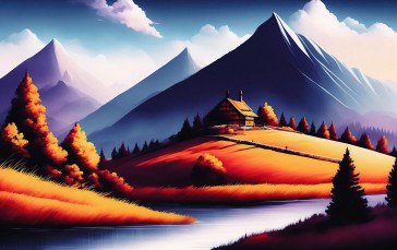 Mountains, Building, AI Art, Water, Clouds, Trees Wallpaper
