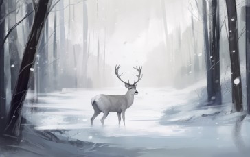 Illustration, Deer, Snow, Winter, Forest Wallpaper