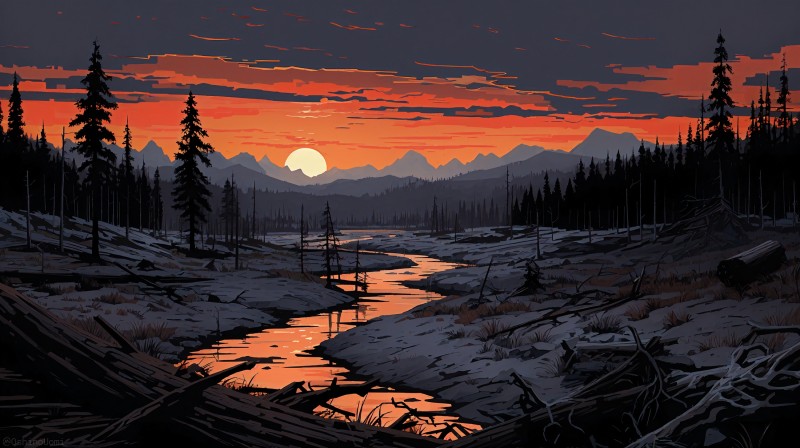 AI Art, Illustration, Sunset, Sun, River Wallpaper